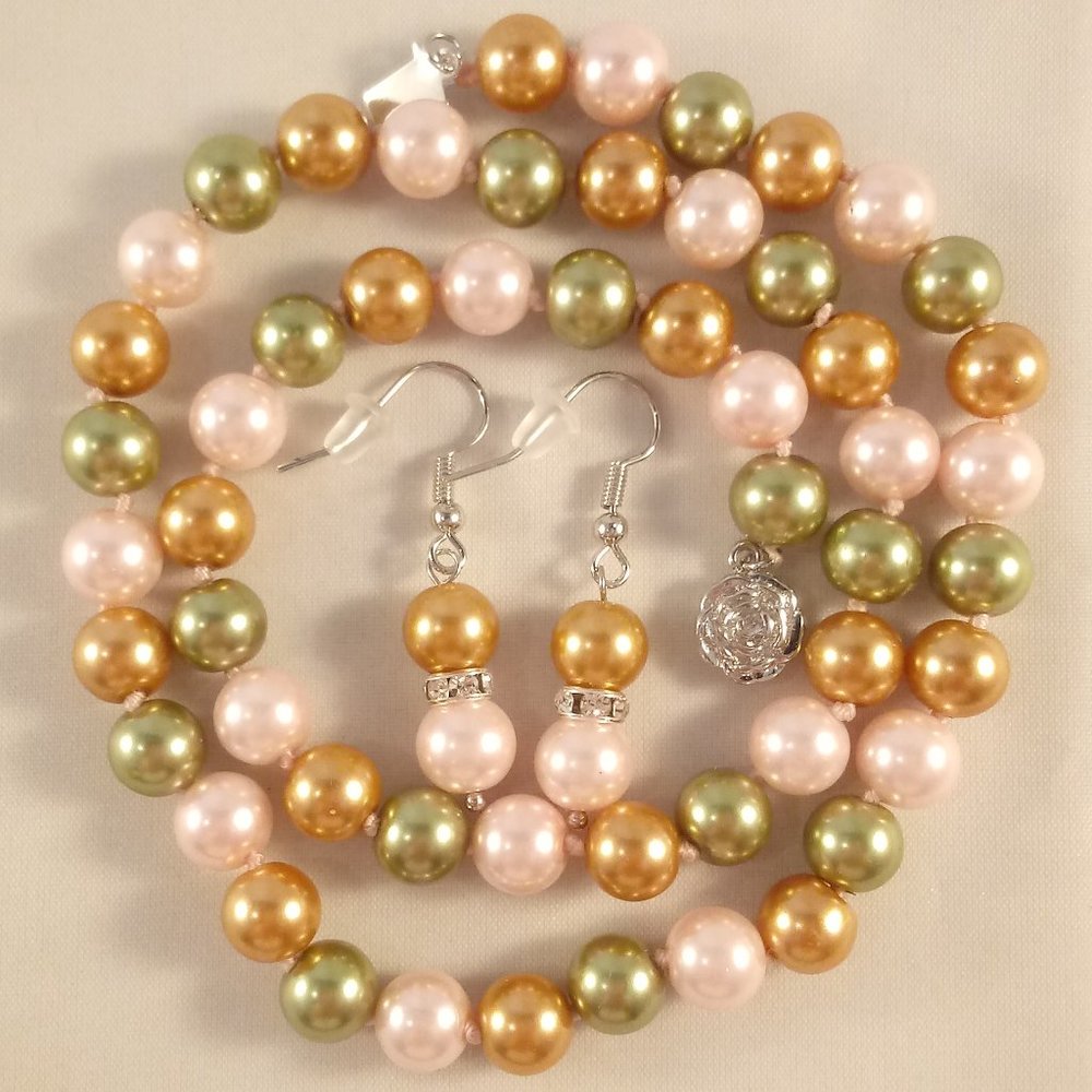 8mm Tri Color South Sea Shell Pearl Necklace + Earrings Set AAA+ Gorgeous Gift